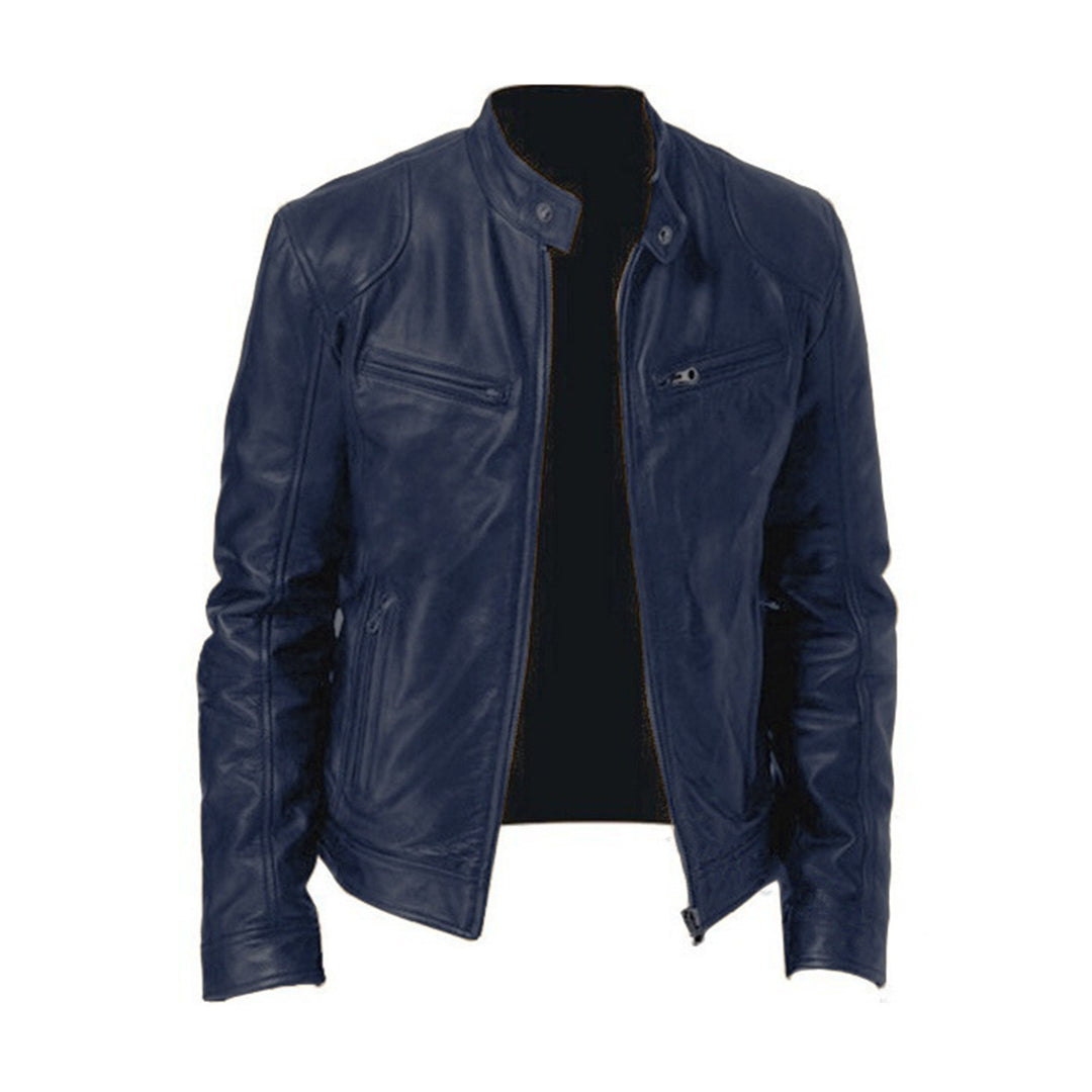 Men's Leather Jacket - Stand Collar Full Zip