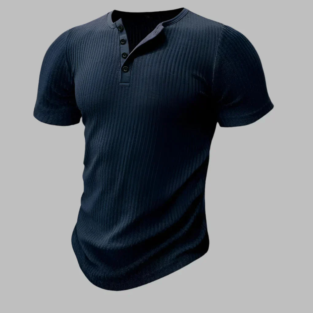 Ribbed Henley Button Neck T-Shirt