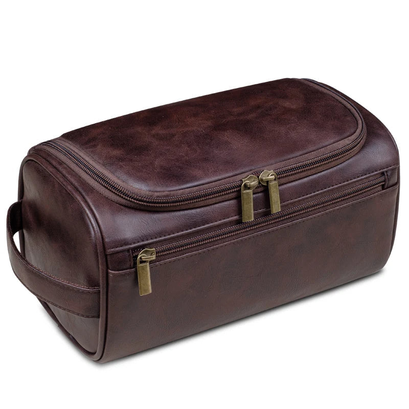 Niki | Premium Leather Toiletry Bag | Three-Layer Water-Repellent Design | Integrated Metal Hook for Hanging | 25x13x13 cm | Compact Travel Organizer with Quick Access Pocket