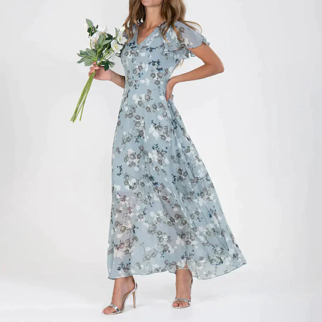 Women's Maxi Dress with Floral Print and Flutter Sleeves