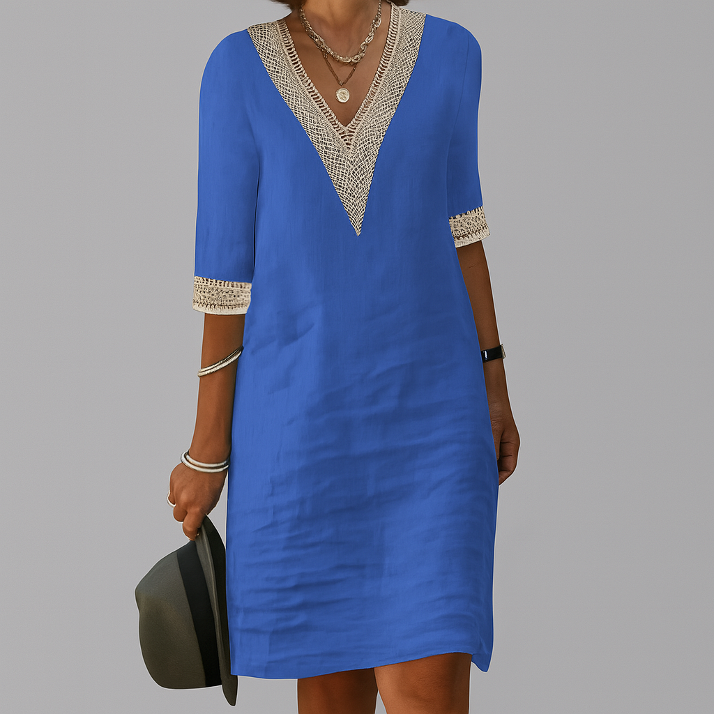 Niki | Crochet Trim Linen Midi Dress