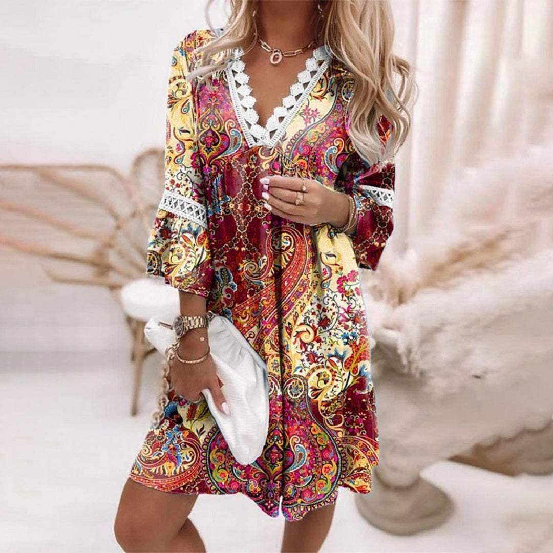 Niki | Women's Boho Lace Trim V-Neck Mini Dress