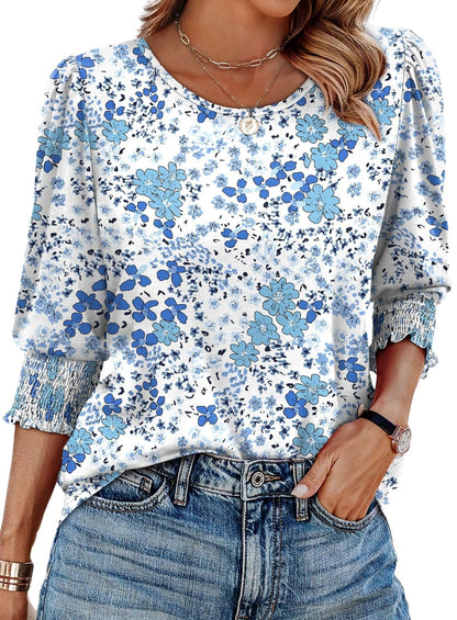 🔥Women Dressy Casual 3/4 Length Sleeve Blouses with Smocked Cuffs