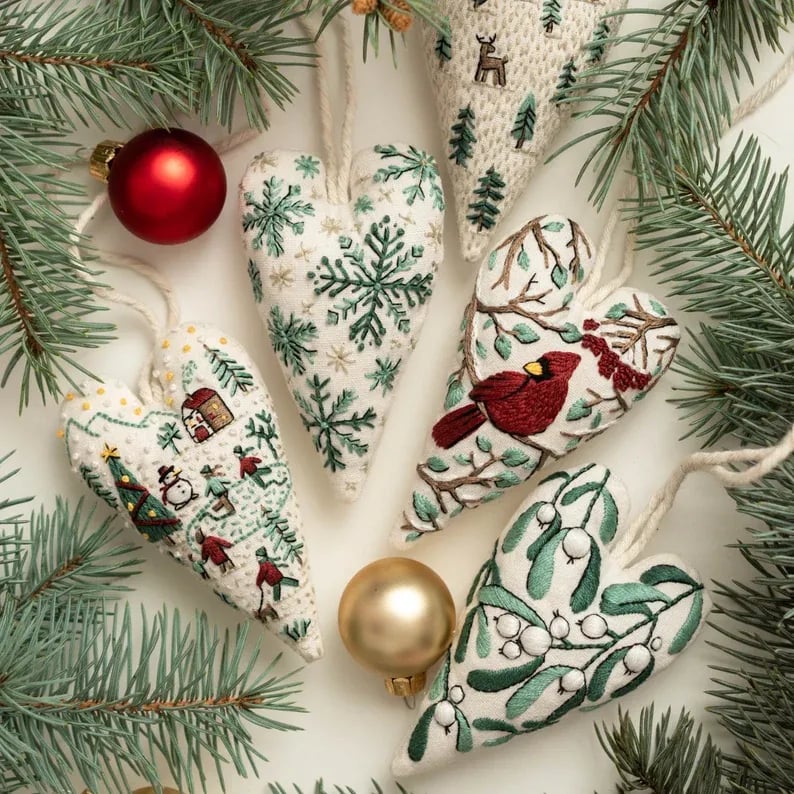 💖DIY Heart Shaped Hand Embroidered Christmas Ornament/Ornament Kit