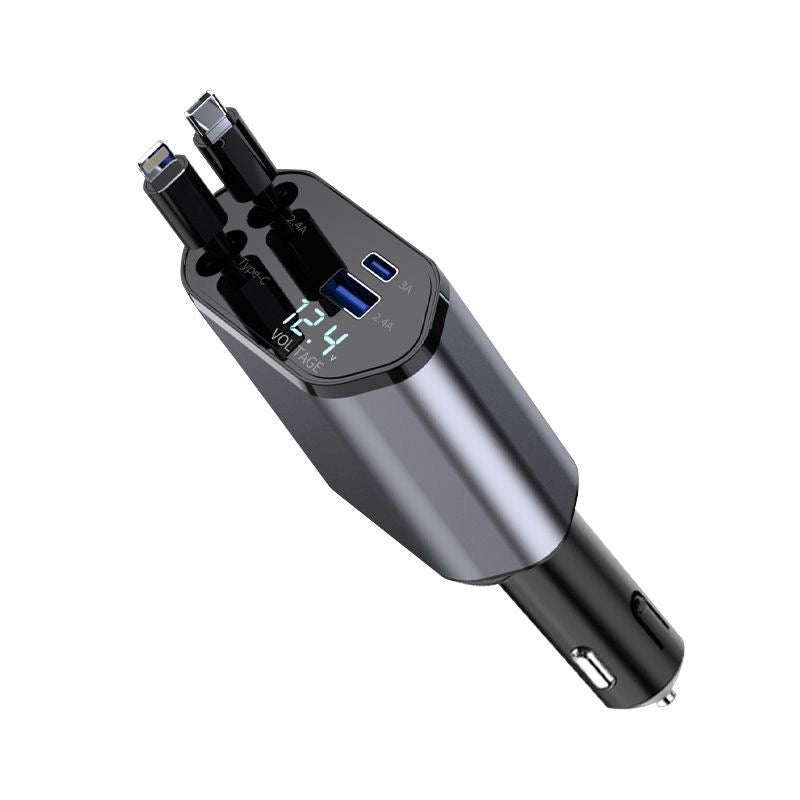 🔋 4-in-1 Retractable Car Charger – Fast, Tangle-Free Charging