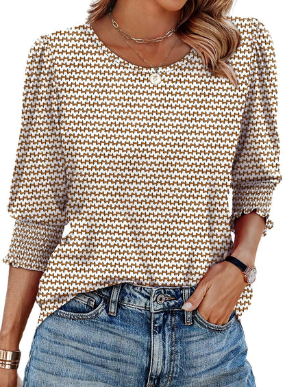 🔥Women Dressy Casual 3/4 Length Sleeve Blouses with Smocked Cuffs