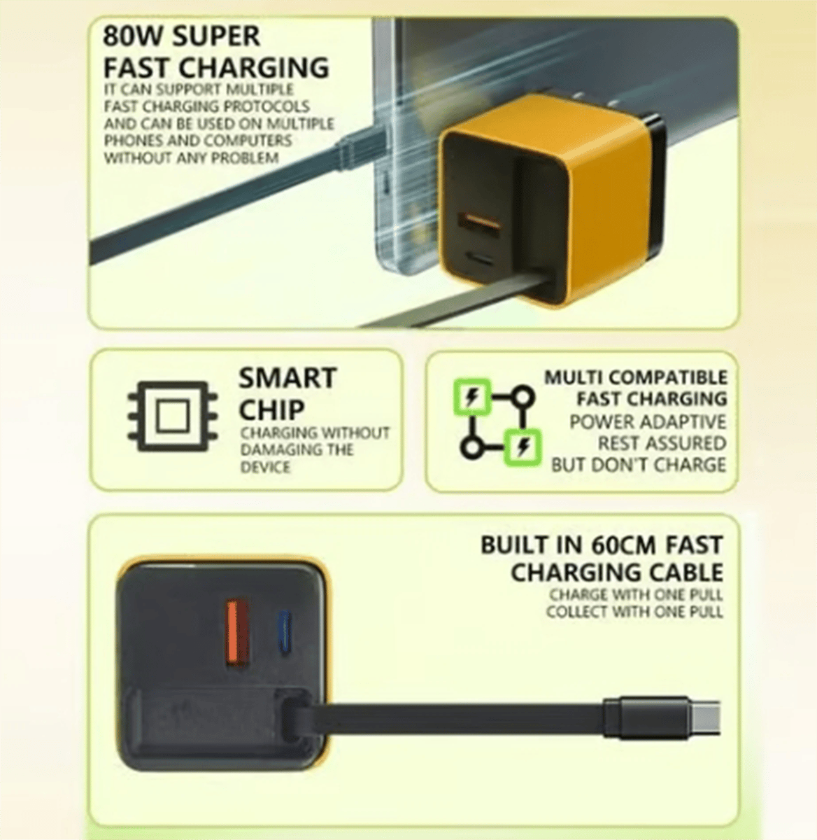 ⚡3 in 1 Charger Retractable 80W MAX Fast