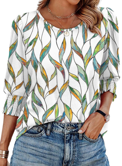 🔥Women Dressy Casual 3/4 Length Sleeve Blouses with Smocked Cuffs