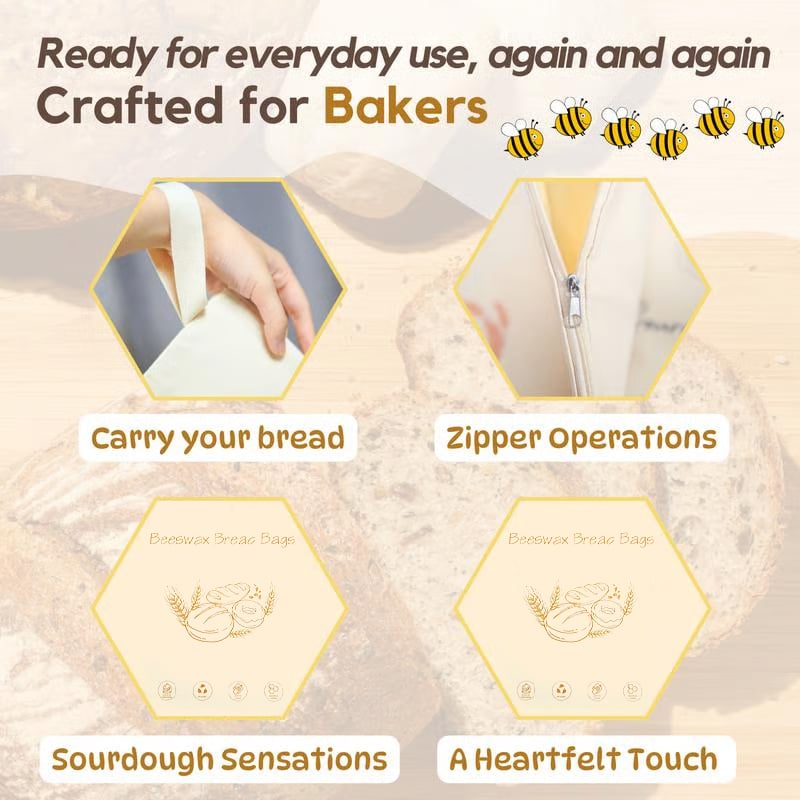 🍞Wide Zipper Access Cotton & Beeswax Bread Bags for Sourdough✨