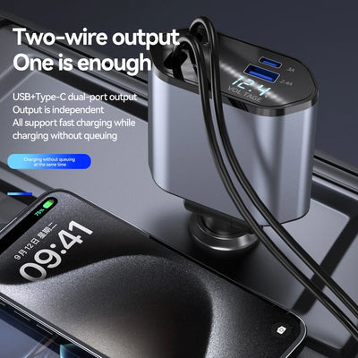 🔋 4-in-1 Retractable Car Charger – Fast, Tangle-Free Charging