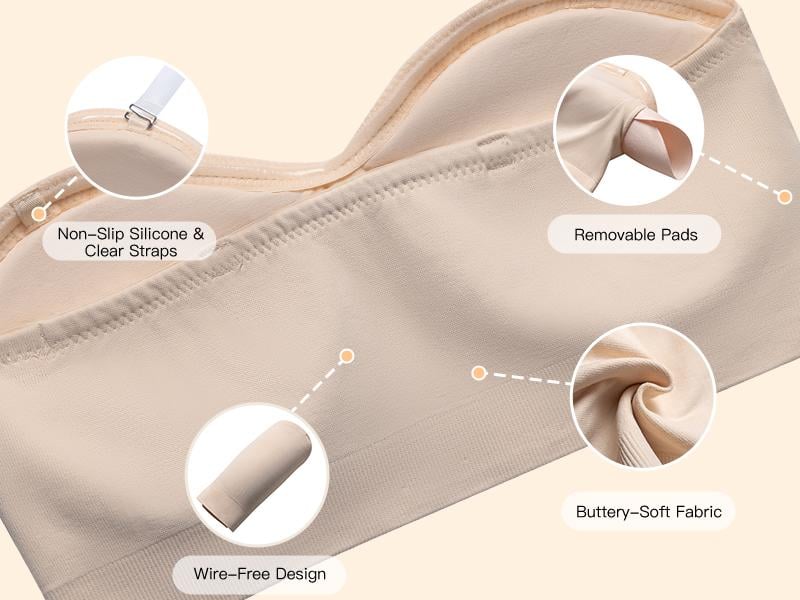 Strapless Bras for Women, Non-Slip Silicone Padded Bandeau Bra