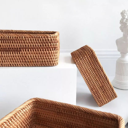 Handwoven Rectangular Rattan Organizer Basket