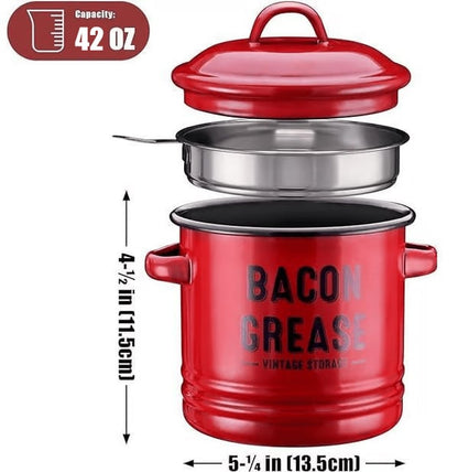 Top Christmas Gift 2025 🎅-42 oz bacon grease container with strainer and food-grade silicone spatula