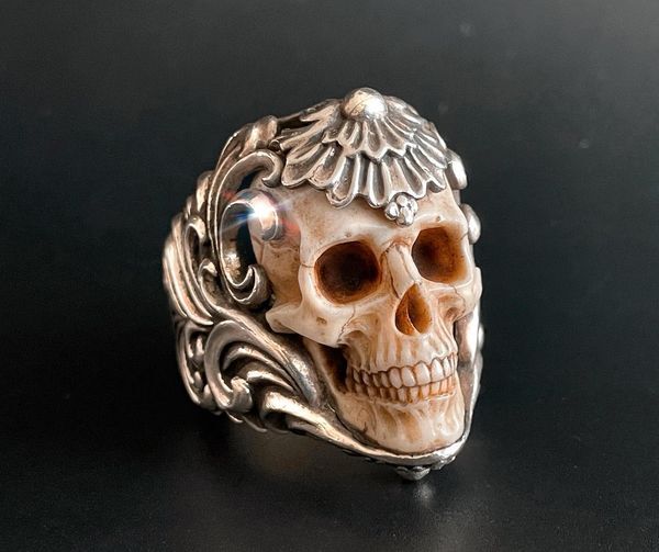 Vintage Polish Floral Armor Antler Skull Ring