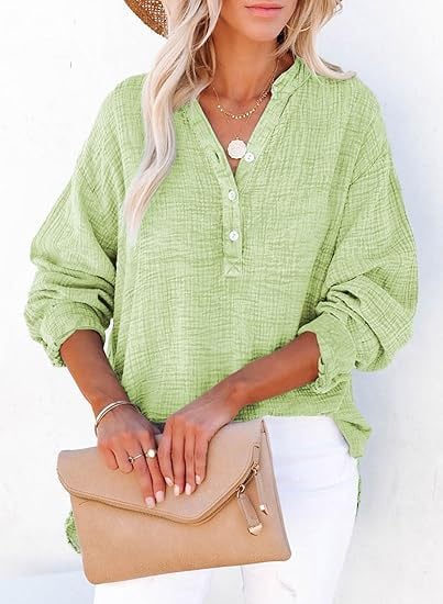 🔥Womens Casual Button V Neck Long Sleeve Shirts Oversized Solid Blouses Tops