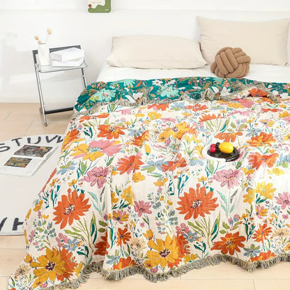 All-Season Cotton Blanket with Vibrant Floral Design