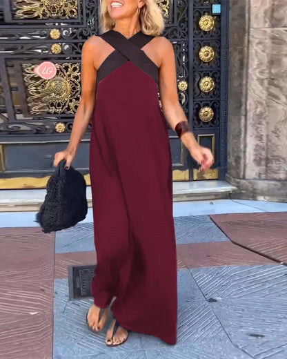 Cross Halter Neck Sleeveless Stitching Dress