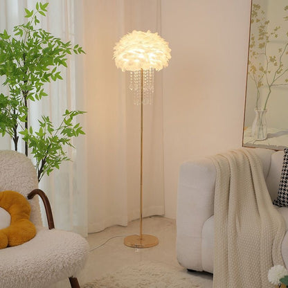 Elegant Nordic Floor Lamp with Feather and Crystal Shade