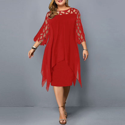 Plus-Size Midi Dress with Lace Sleeves for Autumn