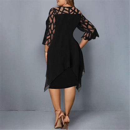 Plus-Size Midi Dress with Lace Sleeves for Autumn