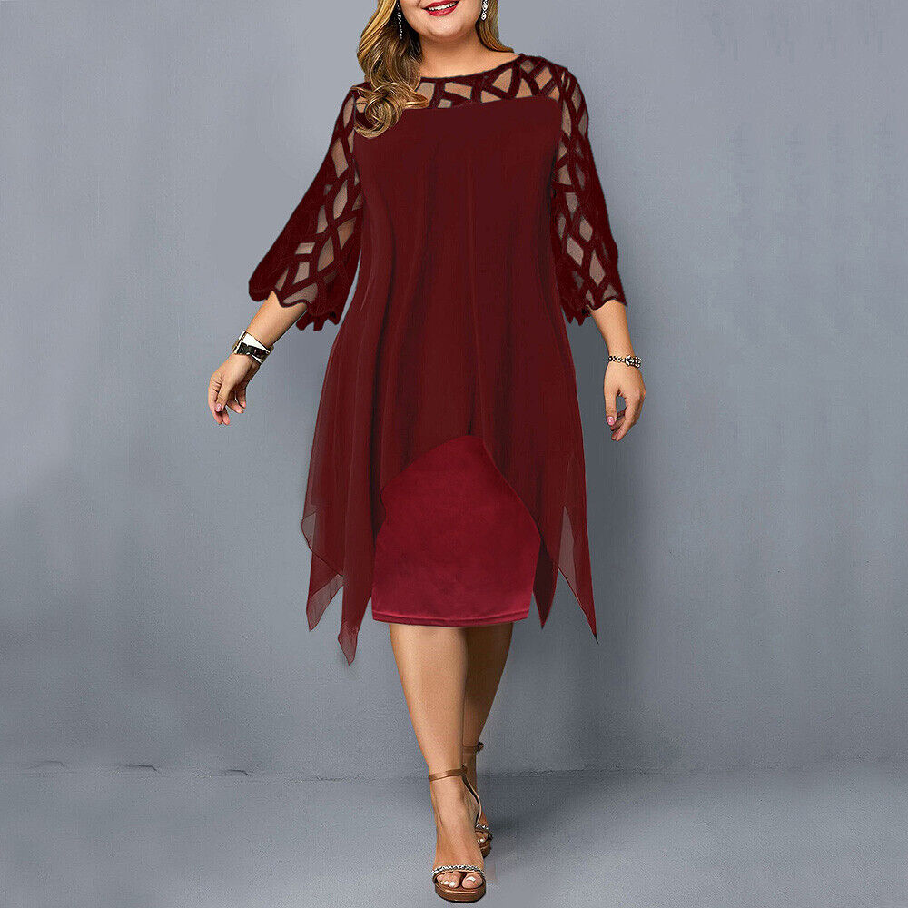 Plus-Size Midi Dress with Lace Sleeves for Autumn
