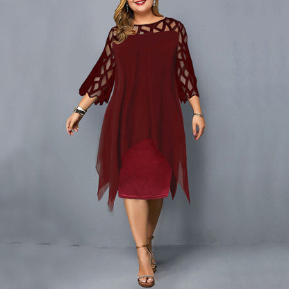 Plus-Size Midi Dress with Lace Sleeves for Autumn