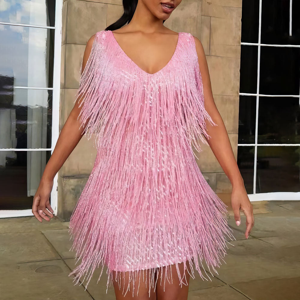 Niki | Women's Sparkling V-Neck Fringed Mini Dress