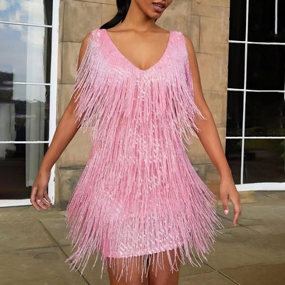 Niki | Women's Sparkling V-Neck Fringed Mini Dress