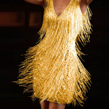Niki | Women's Sparkling V-Neck Fringed Mini Dress