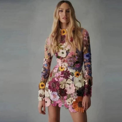 Women's Floral High Neck Long Sleeve Mini Dress