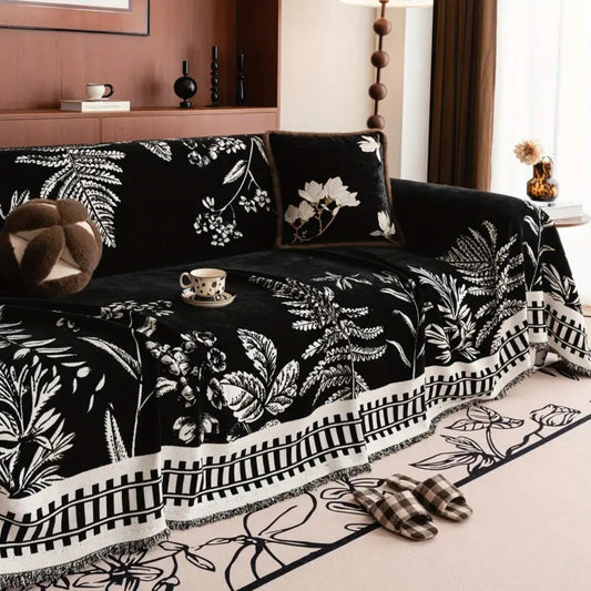 Botanical Leaf Pattern Chenille Throw for Furniture