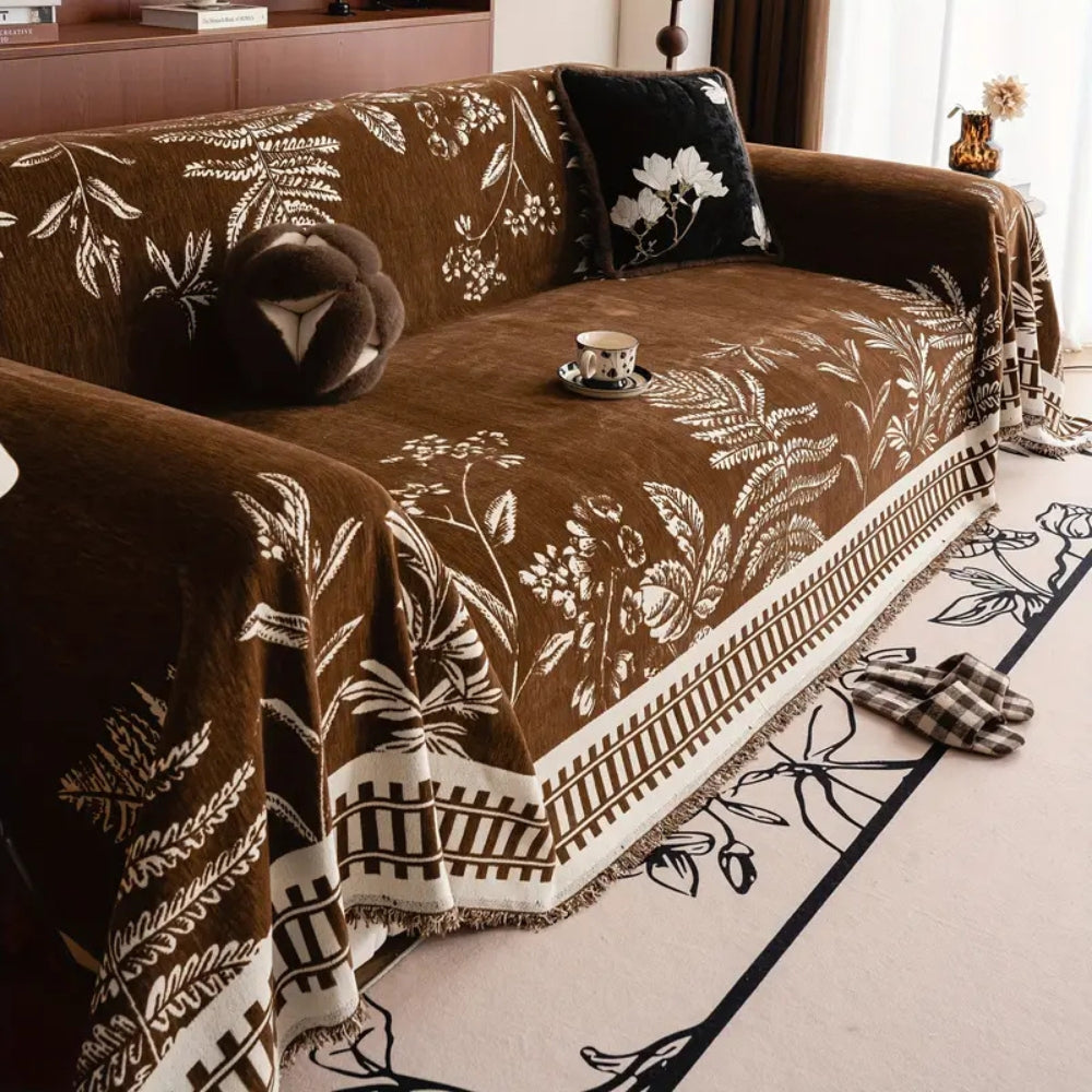 Botanical Leaf Pattern Chenille Throw for Furniture