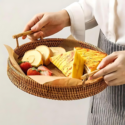 Woven Rattan Round Tray with Handles