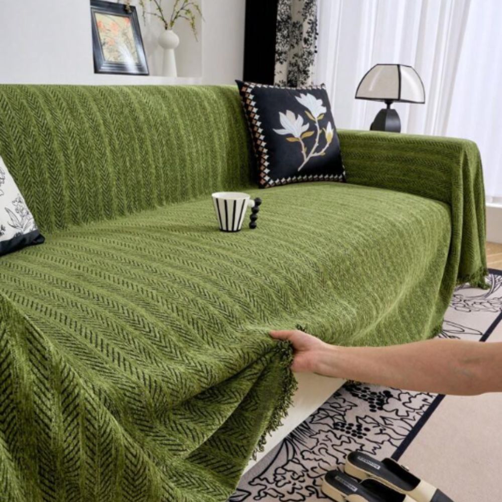 Herringbone Chenille Throw with Tassels for Furniture