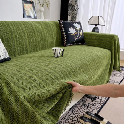 Herringbone Chenille Throw with Tassels for Furniture