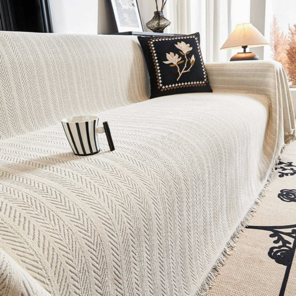 Herringbone Chenille Throw with Tassels for Furniture