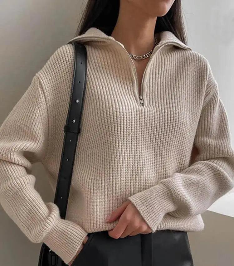 High Neck Zip Sweater 1/4 Long Sleeves Women