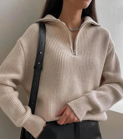 High Neck Zip Sweater 1/4 Long Sleeves Women