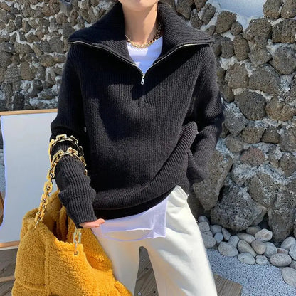 High Neck Zip Sweater 1/4 Long Sleeves Women