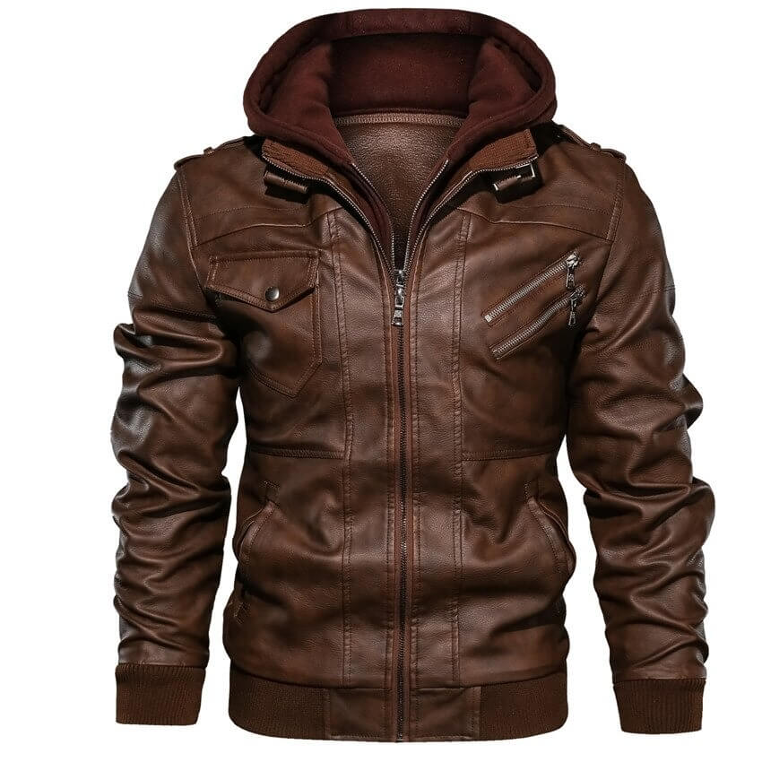 Men's Faux Leather Jacket with Removable Hood