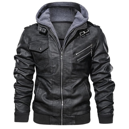 Men's Faux Leather Jacket with Removable Hood