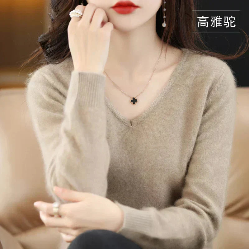 LunaWeave 100% Cashmere V-Neck Sweater For Women Slim Fit