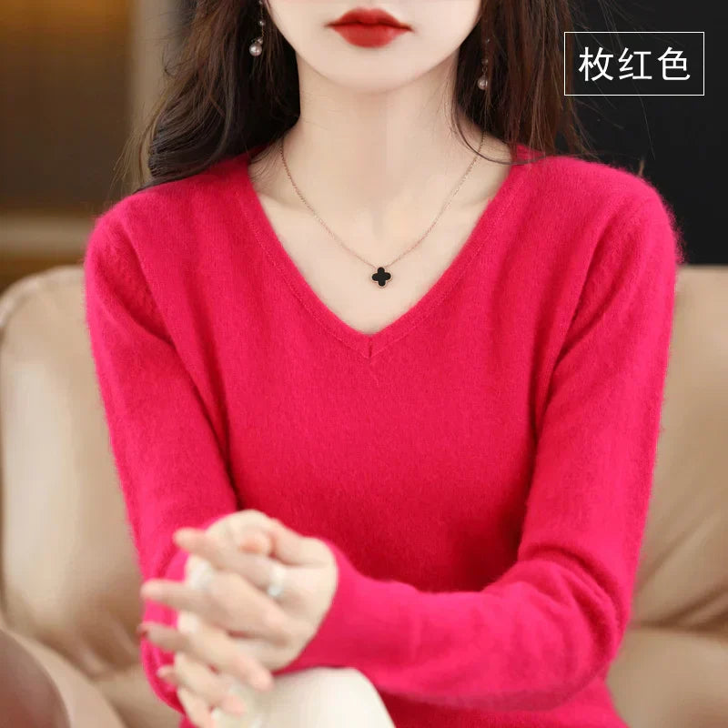 LunaWeave 100% Cashmere V-Neck Sweater For Women Slim Fit