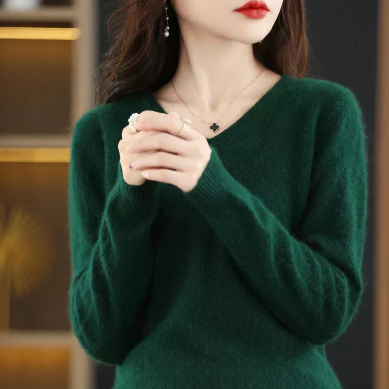 LunaWeave 100% Cashmere V-Neck Sweater For Women Slim Fit
