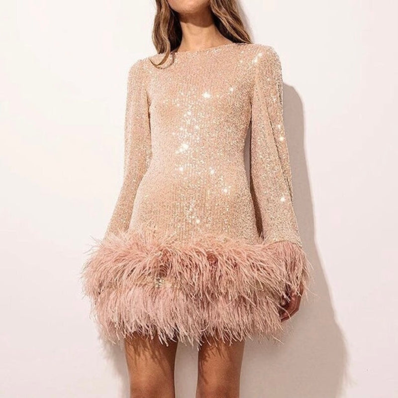 Sequin mini dress with feather trim for women