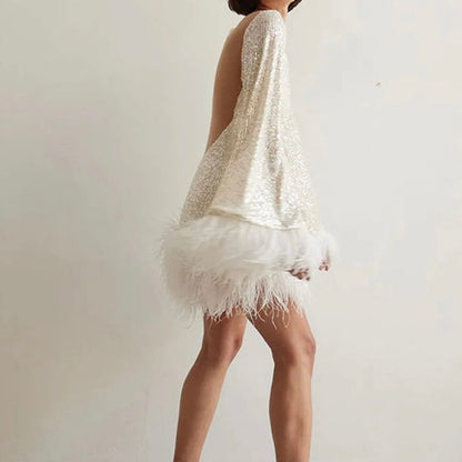 Sequin mini dress with feather trim for women