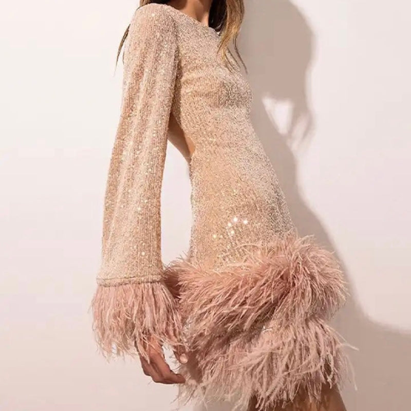 Sequin mini dress with feather trim for women