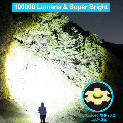 Niki | Banral 100000 lumen rechargeable flashlight, IPX6 waterproof, 5 modes, zoomable, aluminum
