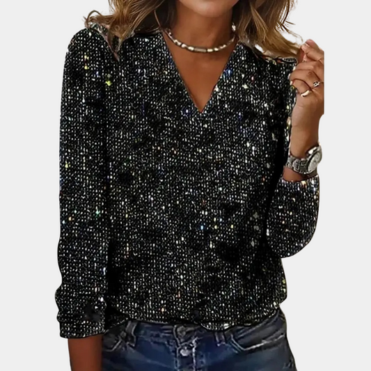 Niki | Sparkly V-Neck Glitter Top