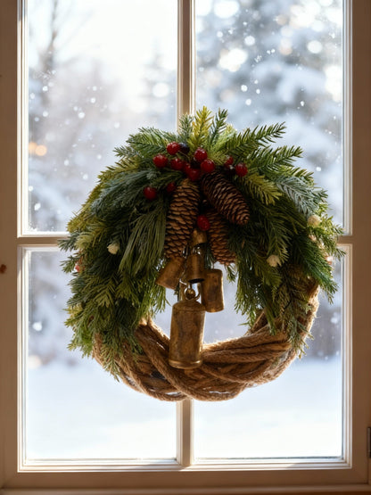 Niki | Handmade Bohemian Winter Wreath | Bells, Pinecones & Berries | 43 cm | Indoor/Outdoor